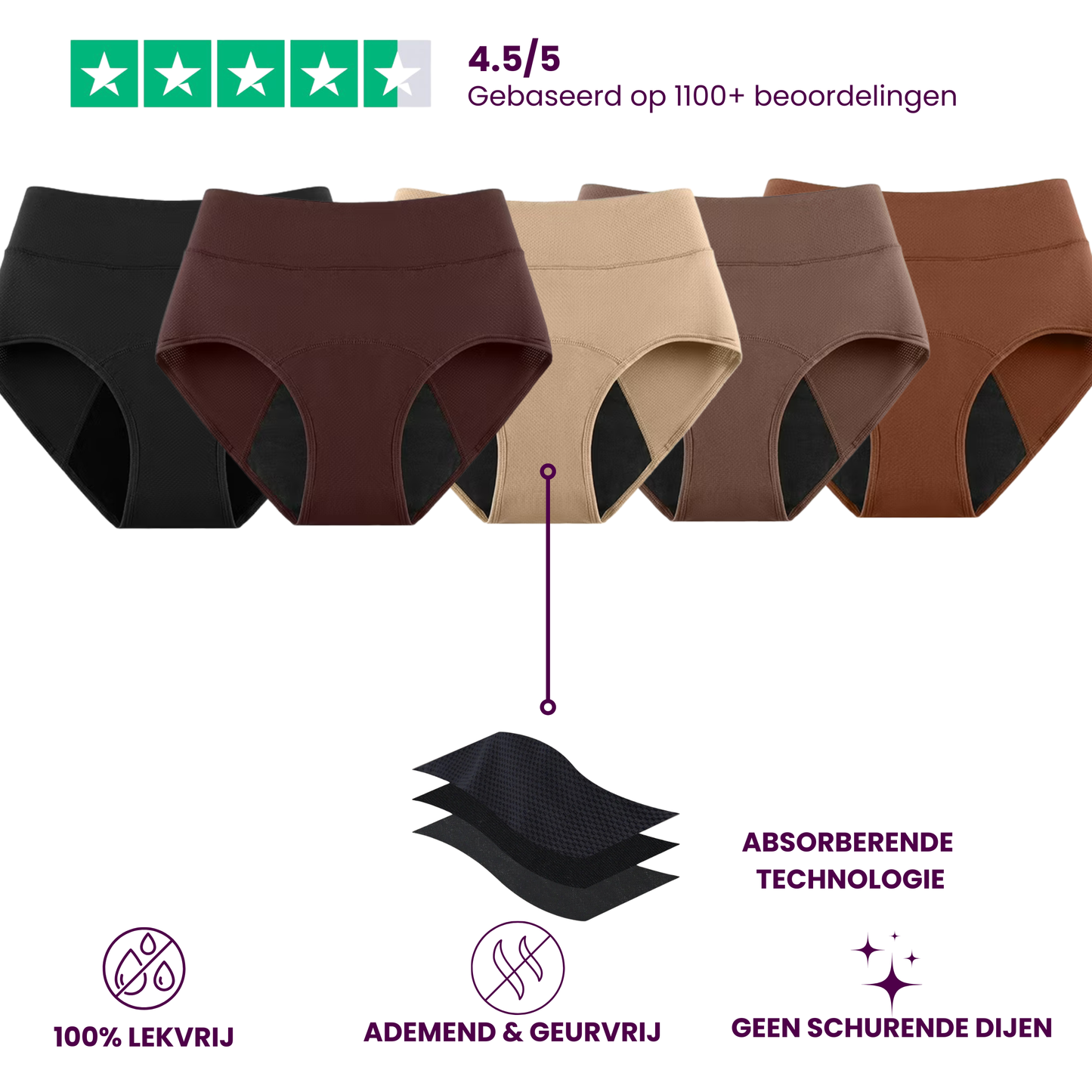 VitalDry® | Lekvrij Ondergoed (5-Pack) | Hoge Taille